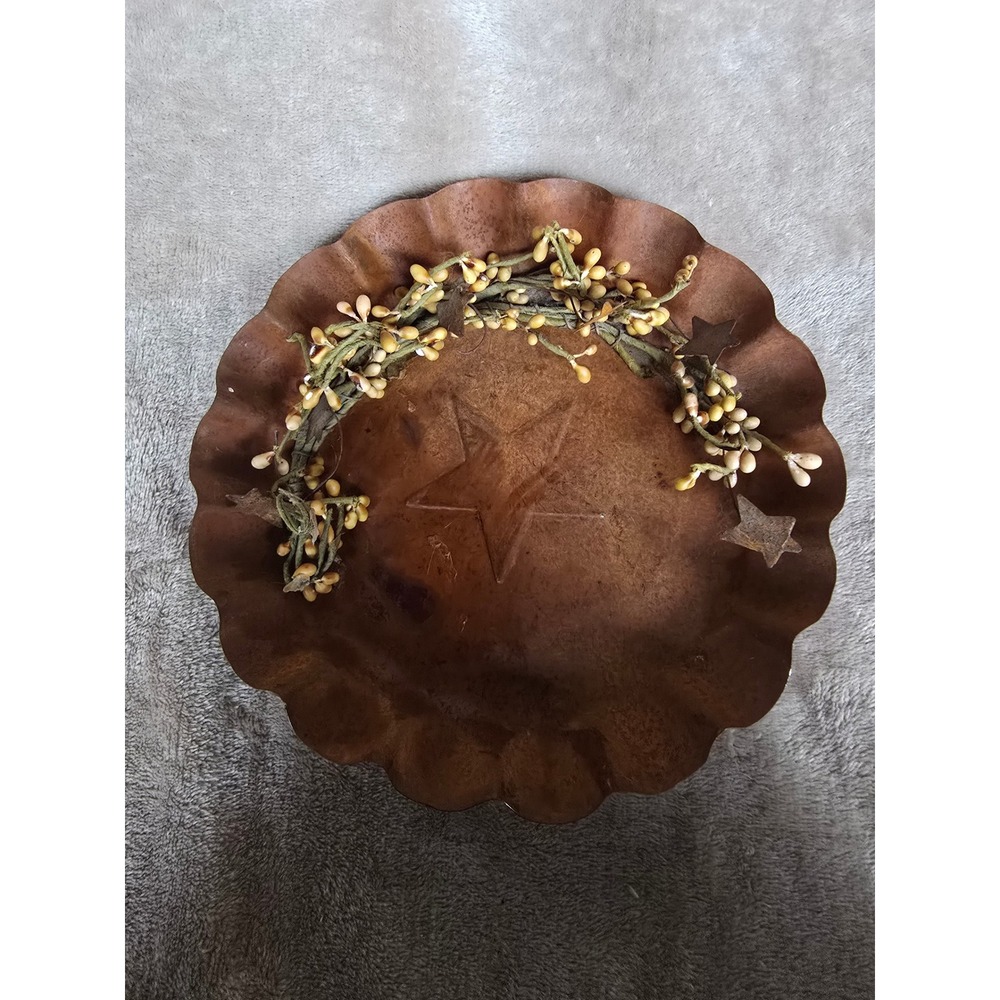 Rustic Primitive Metal Scalloped Bowl with Star Embossing and Pip Berry Garland